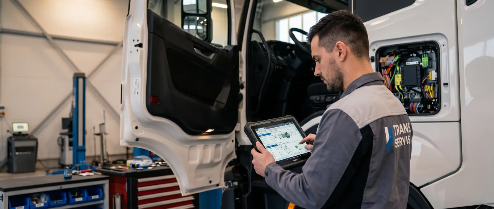 Technik K SERVIS MH s.r.o. při diagnostice nákladního vozidla