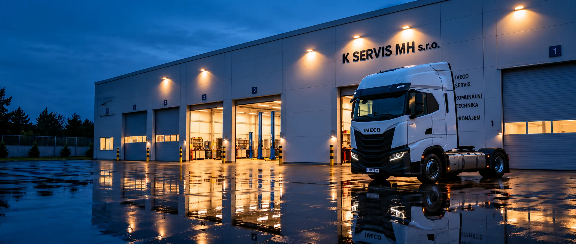 Servisní areál K SERVIS MH s.r.o. večer — IVECO před osvětlenou halou